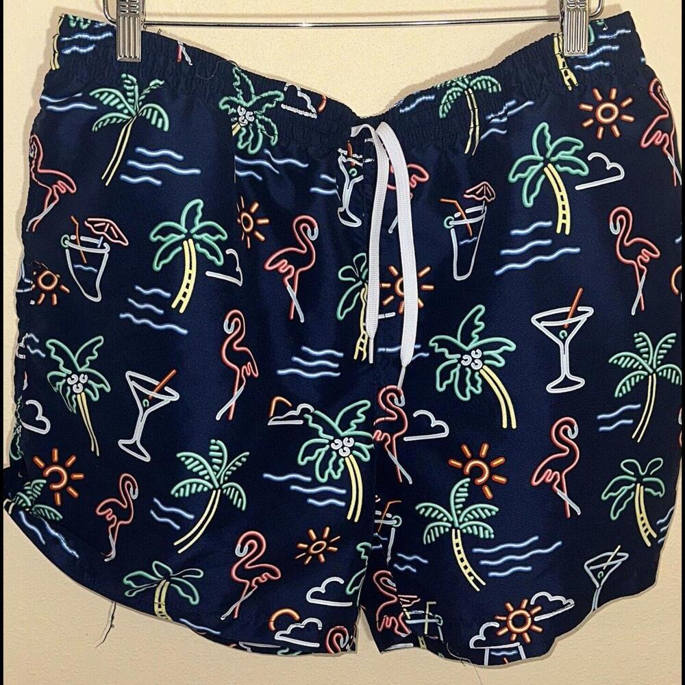 Chubbies Men's Neon Lights Flamingo Palm Tree Navy Swim Trunk XXL 2XL 0570
